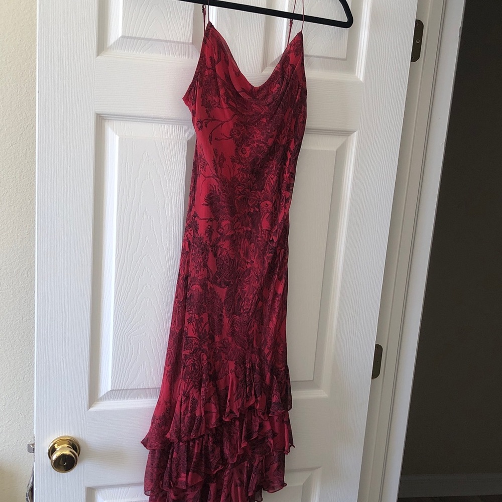 Betsey Johnson silk, airy, elegant black on red lined special occasion dress.